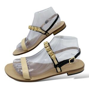 Daniele Ancarani Creamy Yellow and Black Flat Strappy Sandals Chain Accent Italy